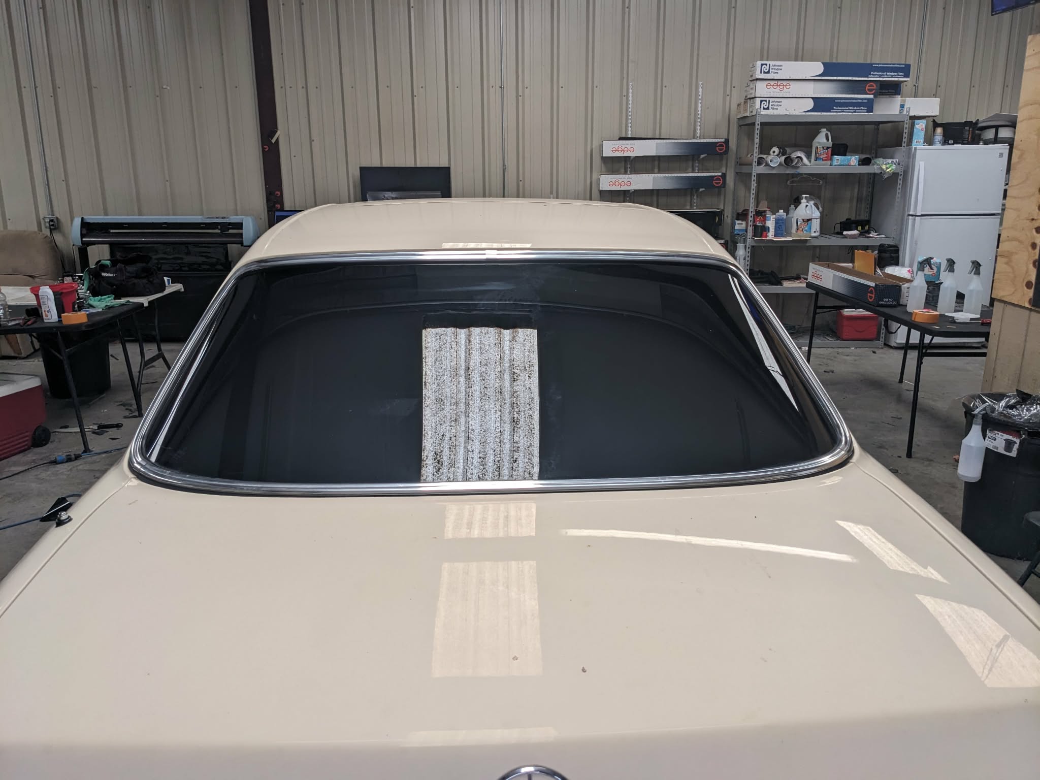 Mercedes S-Class rear windshield with tint installed